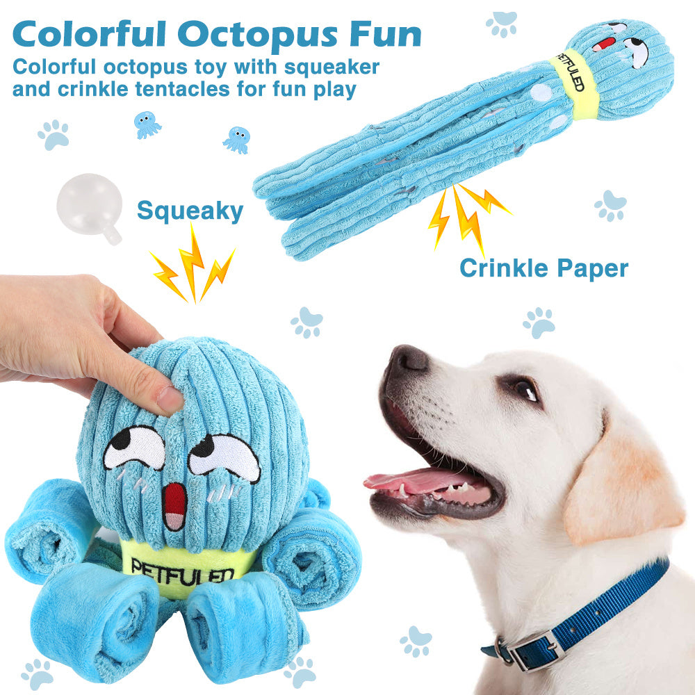 Colorful octopus toy with squeaker and crinkle tentacles for a dog