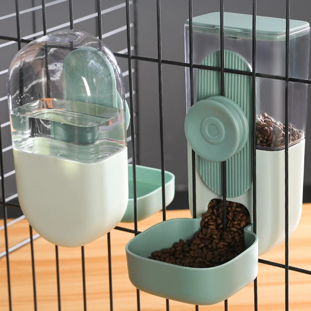 Convenient pet feeding bowl and water bottle.