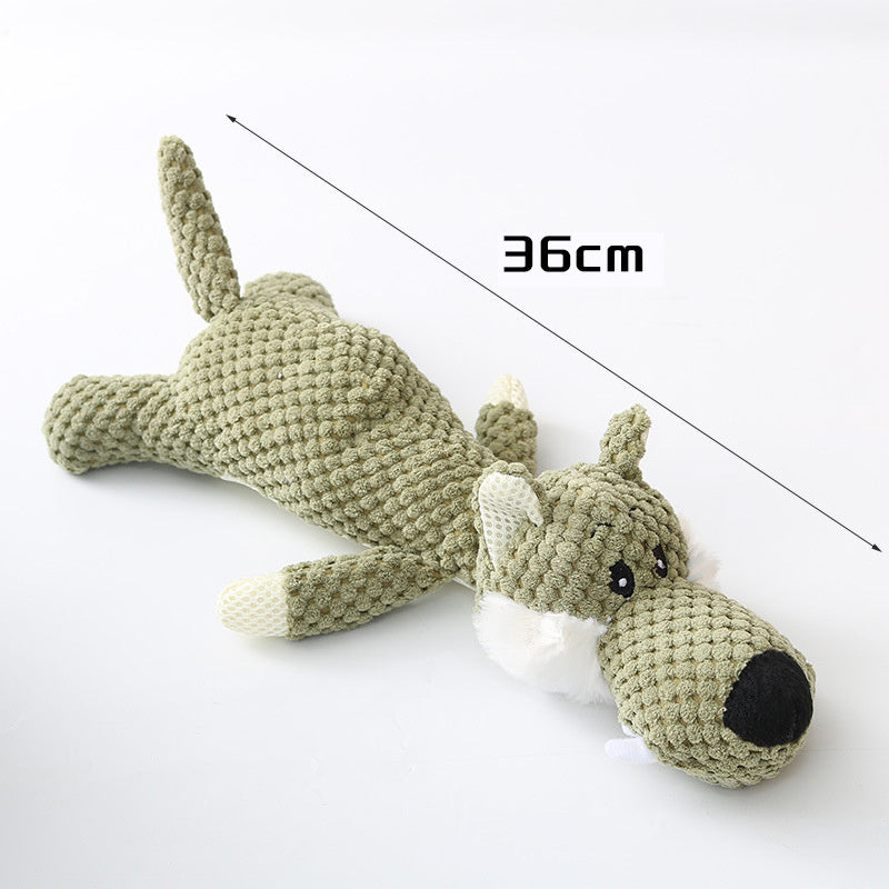 Crocheted dog toy with measurement label