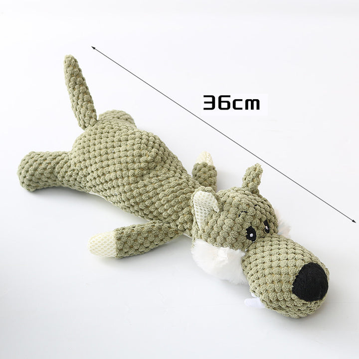 Crocheted dog toy with measurement label