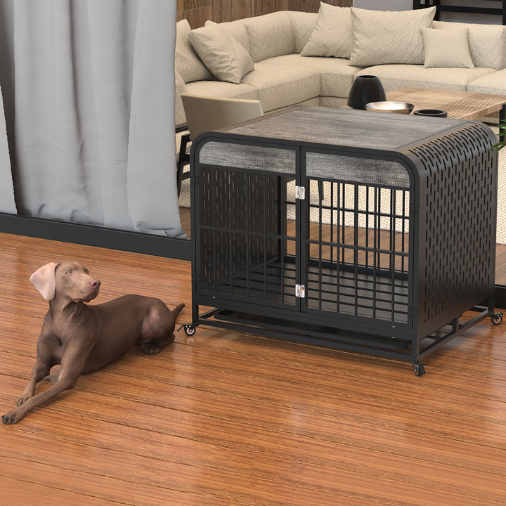 Dog crate furniture with tabletop surface