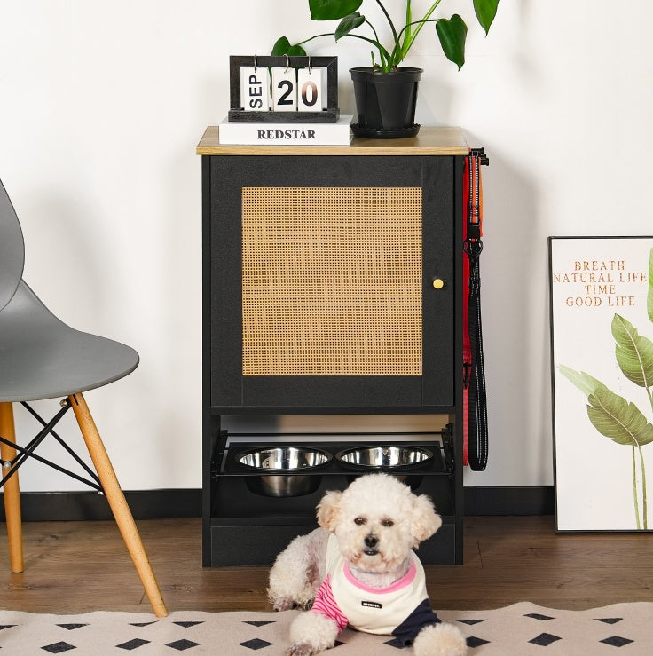 Dog feeding station with two bowls