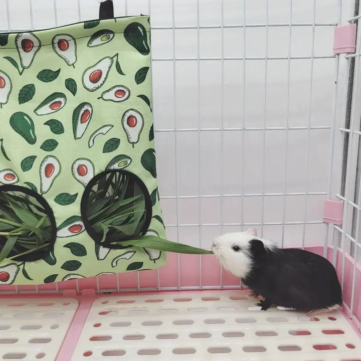 Durable rabbit feeding bag with hooks.