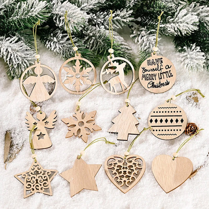 Festive tree hanging ornaments in wood