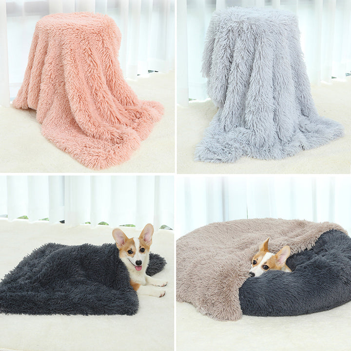 Four images showing fluffy blankets in pink gray and brown with a dog lying 
