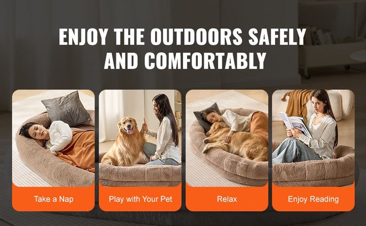 Four scenes showing people relaxing with a pet 