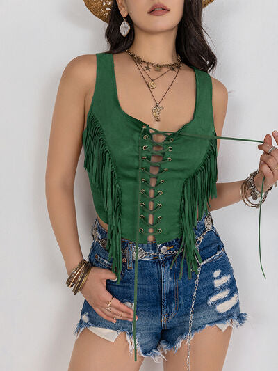 Fringe Lace-Up Wide Strap Tank

