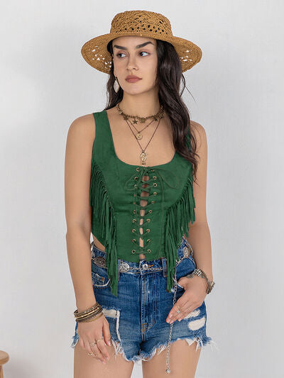 Fringe Lace-Up Wide Strap Tank front side 
