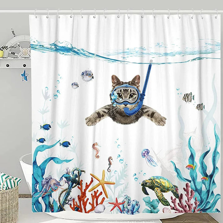 Funny Bathroom Shower Curtain with Shark Ride

