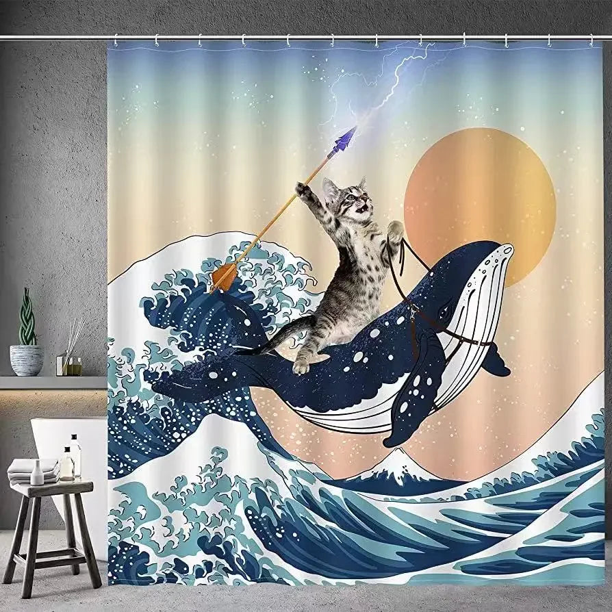 Funny Cat Shower Curtain with Shark and Trident
