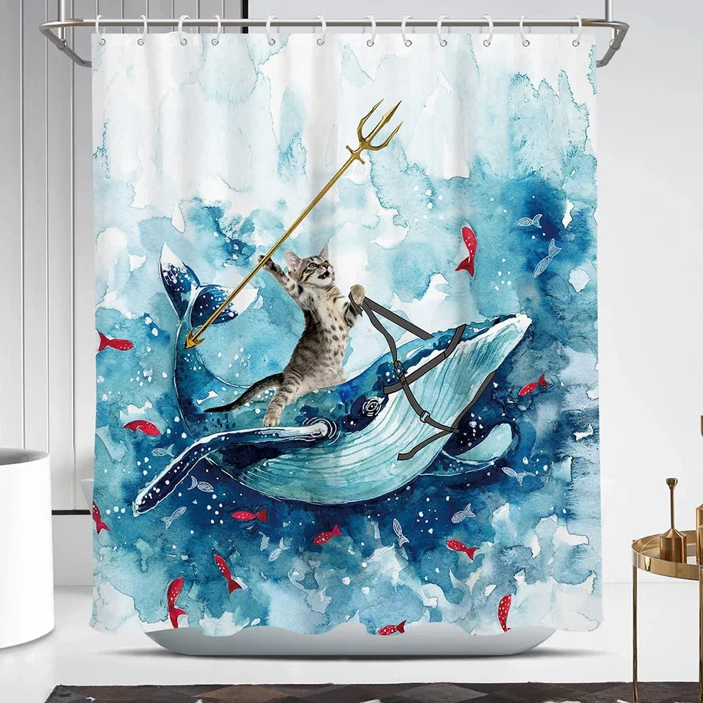 Funny Trident-Holding Cat Shower Curtain Set
