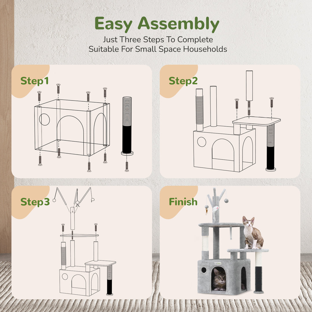 Gray cat climbing tower with shelves