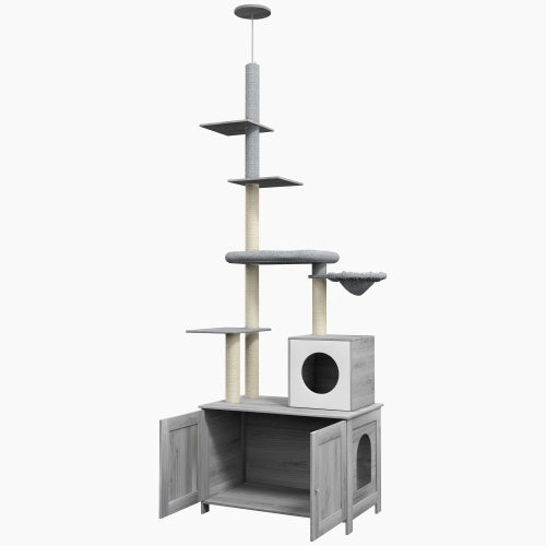 Gray cat tree with multiple levels 