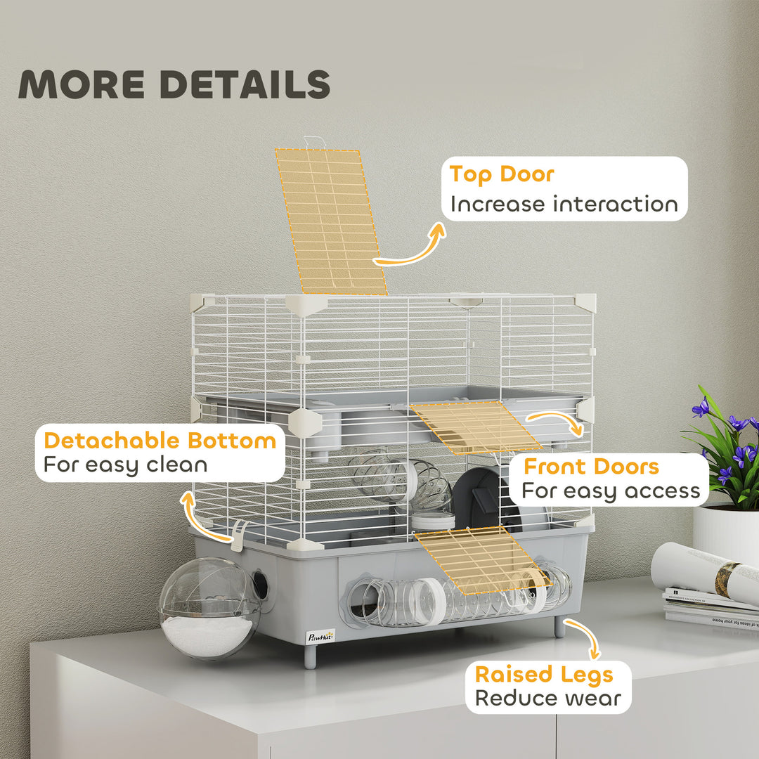 Gray hamster habitat with running wheel