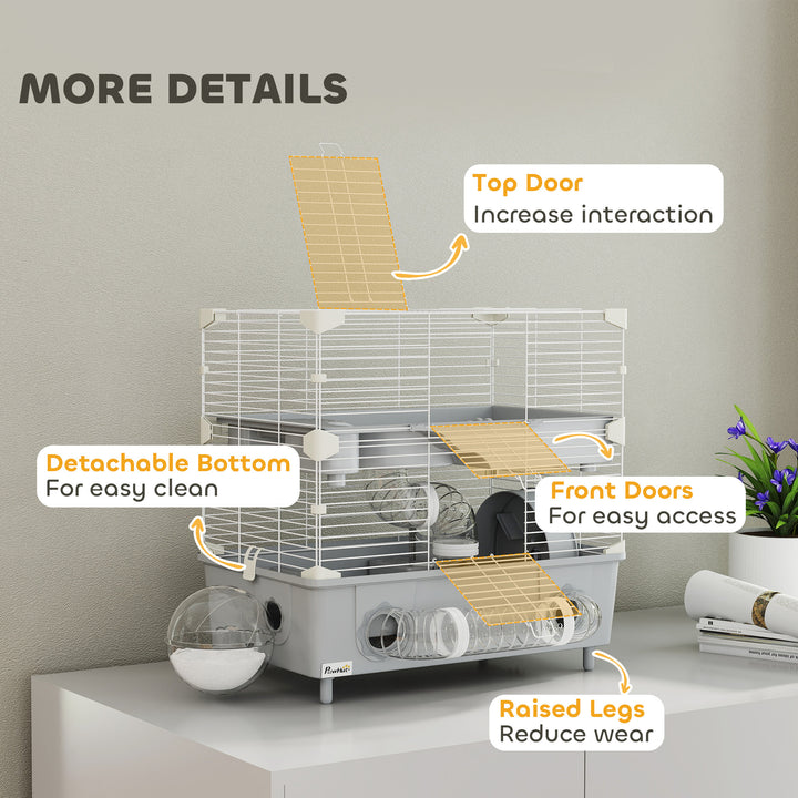 Gray hamster habitat with running wheel