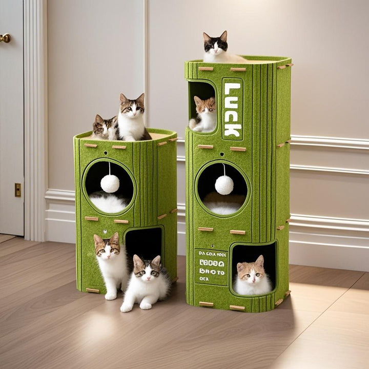 Green cat play structure with multiple cats