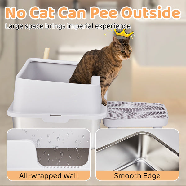 Grey litter box with foot pad and cleaning scoop