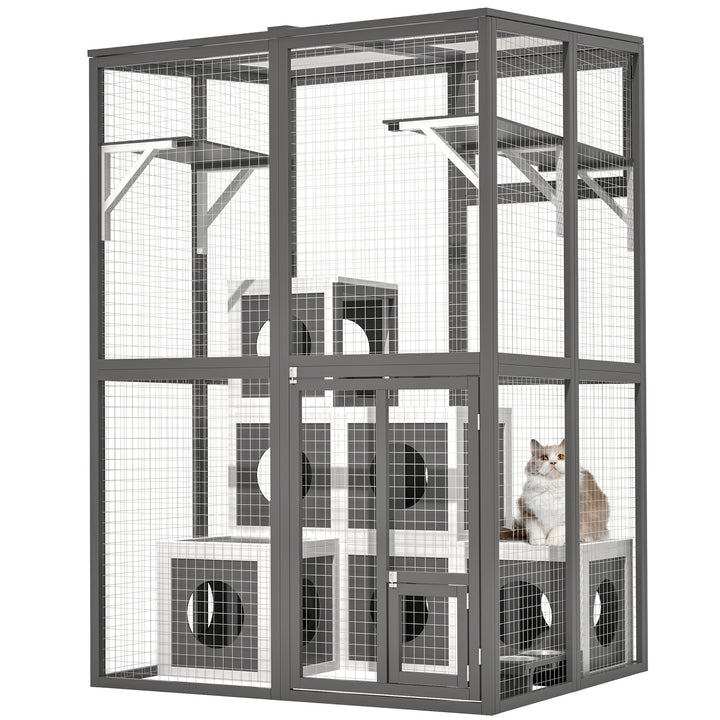 Grey solid wood cat enclosure