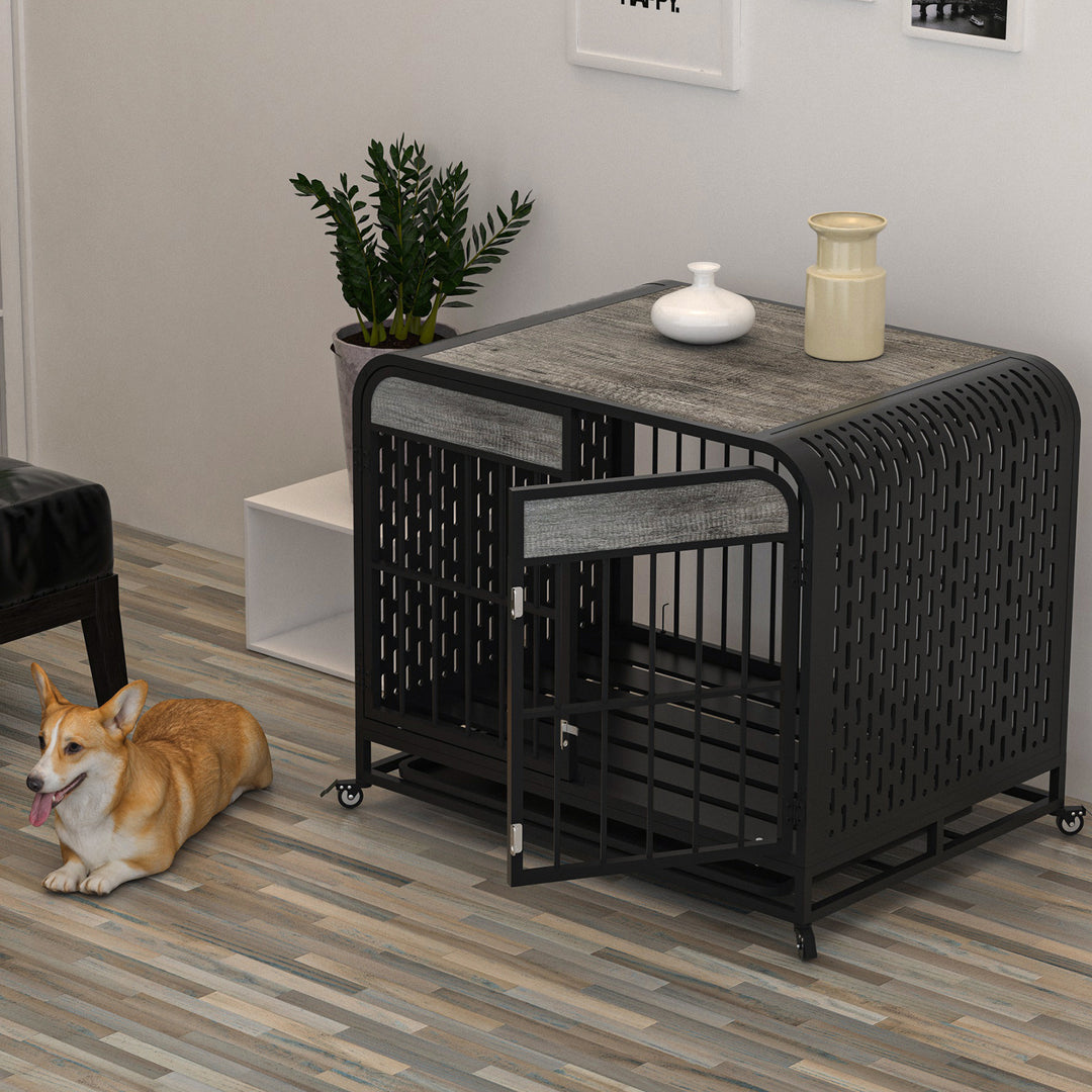 Grey wooden dog crate end table
