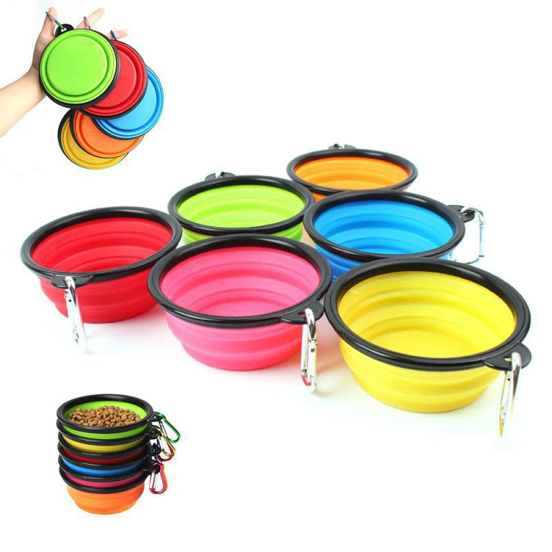 Dogs Feed Supplies Folding Silicone Bowl Portable Puppy Water Container with Carabiner Folding Cats Bowl Travel Pets Accessories