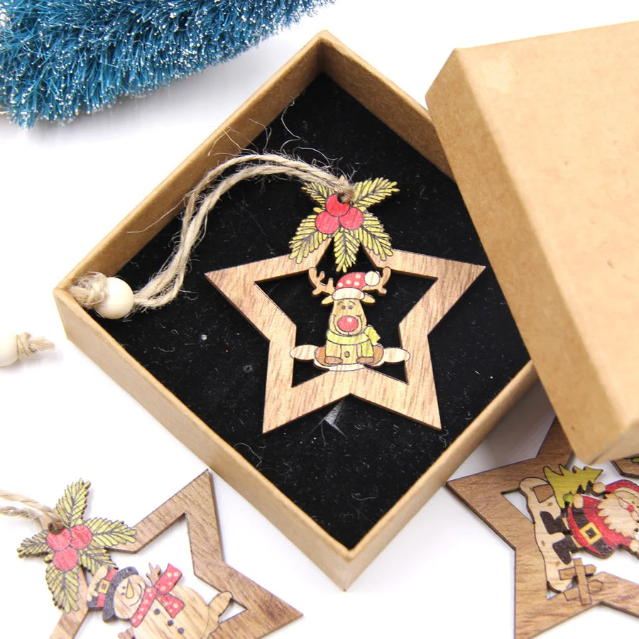 Set of 4 Christmas star wooden pendants