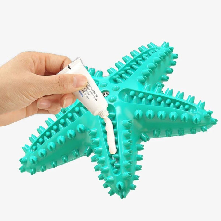 Hand holding turquoise star shaped rubber toy 