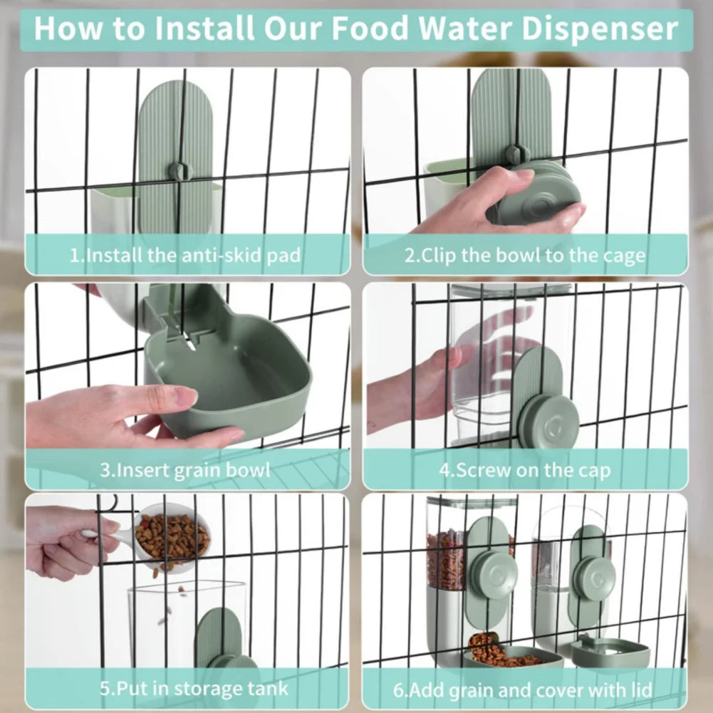 Hanging food and water dispenser for pets.
