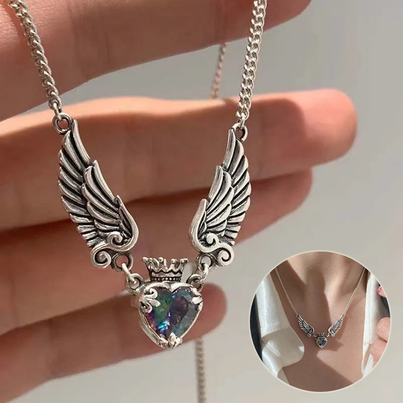 Heart crown angel wings choker