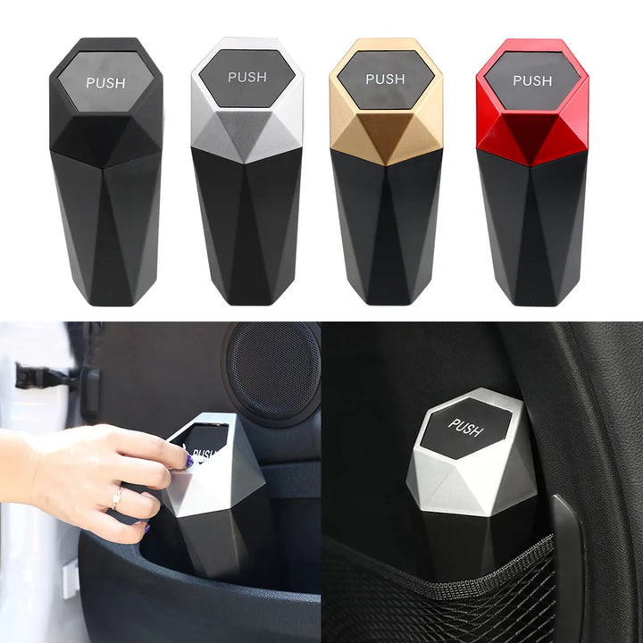 Mini Trash Can Garbage Bin For Cars  Diamond Design, Push Lid, Washable