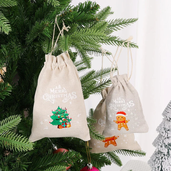 Holiday-themed linen pouches with drawstrings