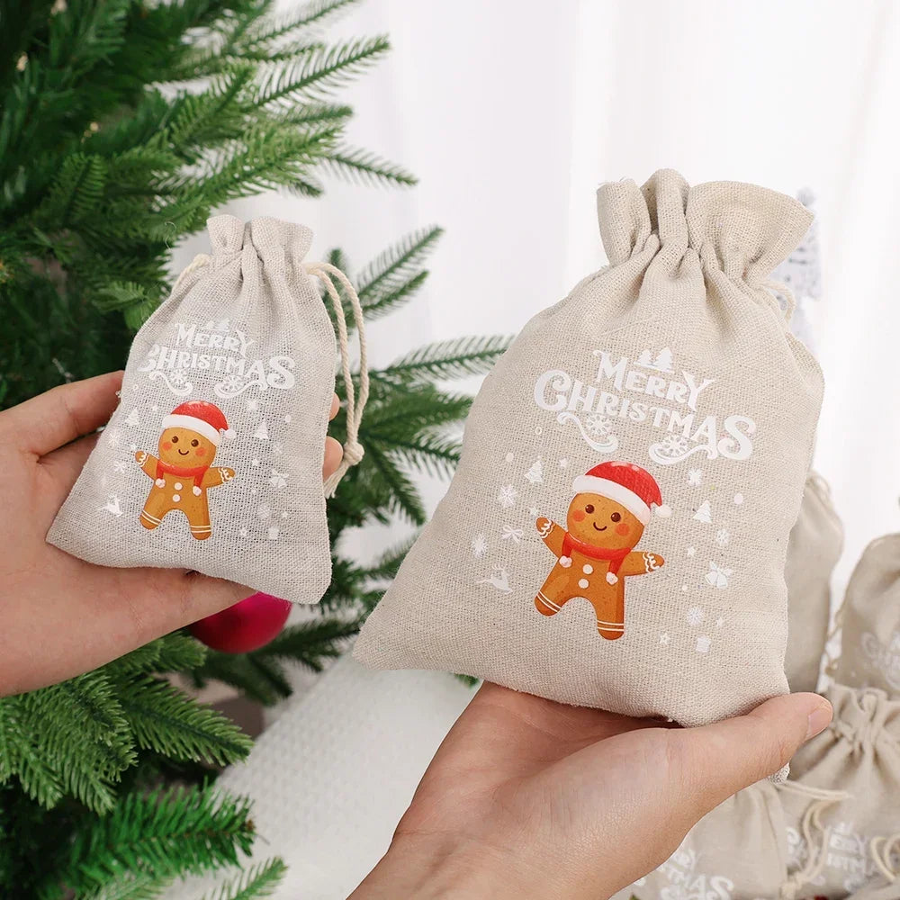 Holiday gift packaging with linen drawstring bags