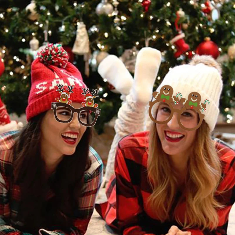 Kids wearing Christmas-themed paper glasses