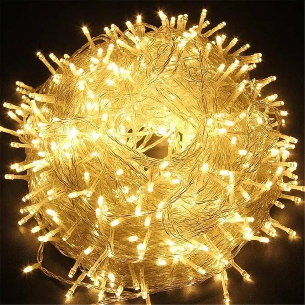 LED holiday string lights glowing brightly