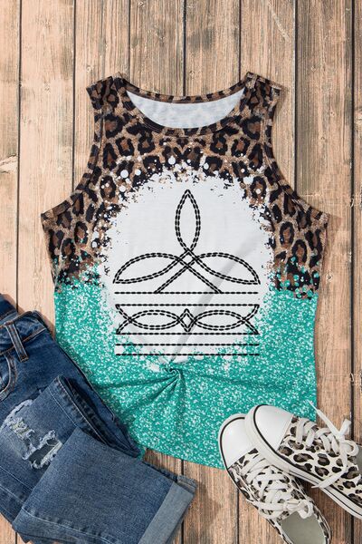 Leopard Geometric Round Neck Tank Turquoise
