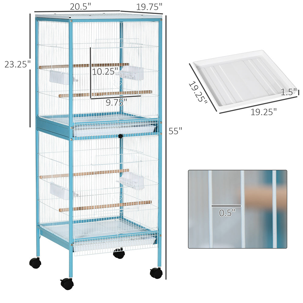 Light blue parakeet aviary with wheels