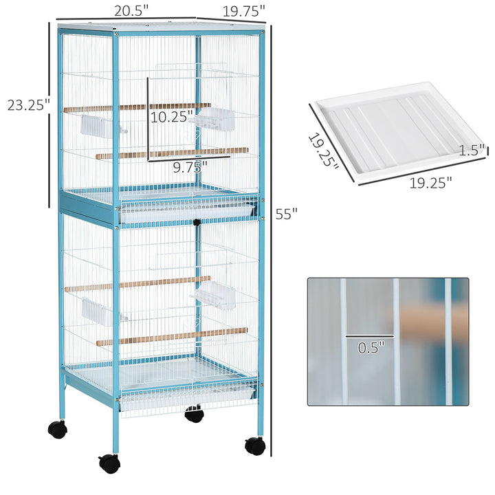 Light blue parakeet aviary with wheels