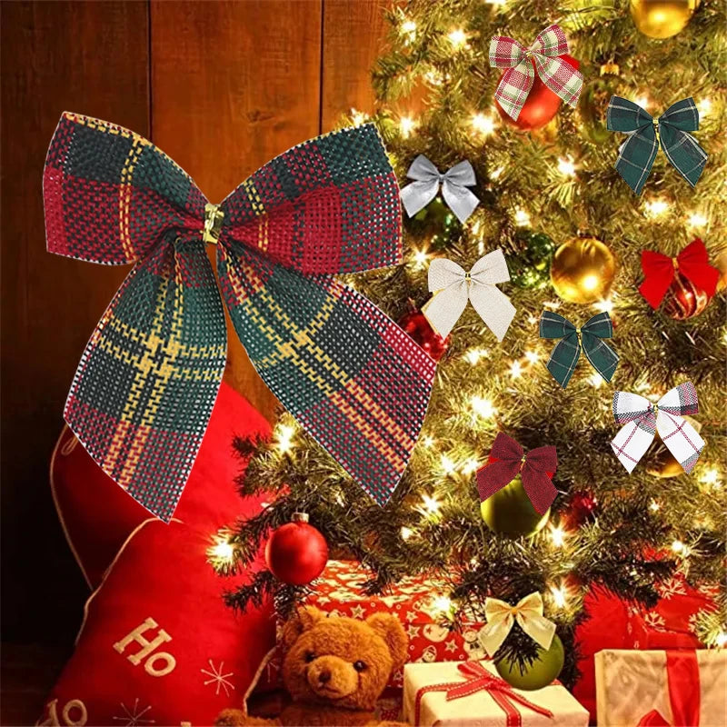 Linen Christmas bow hanging on tree