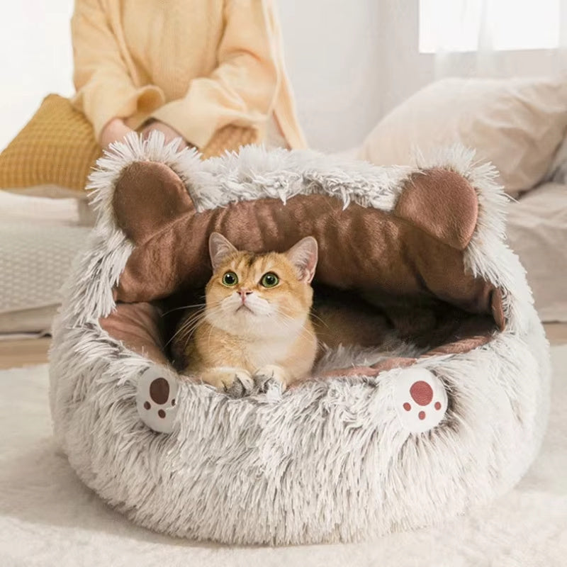 Long plush round cat bed
