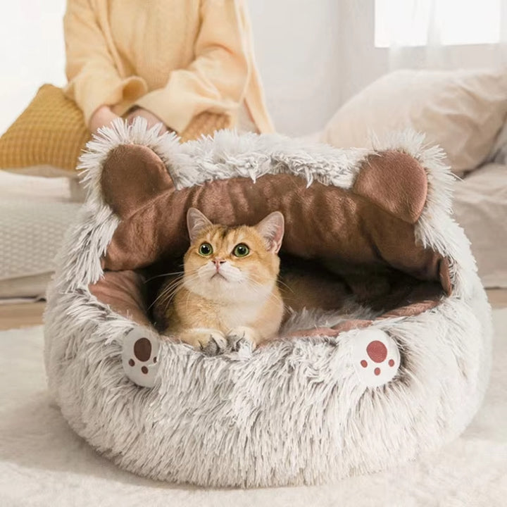 Long plush round cat bed