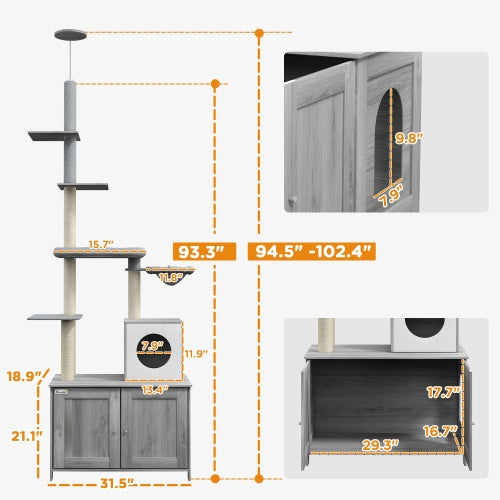 Measurement chart of a multi-level cat tree with dimensions labeled