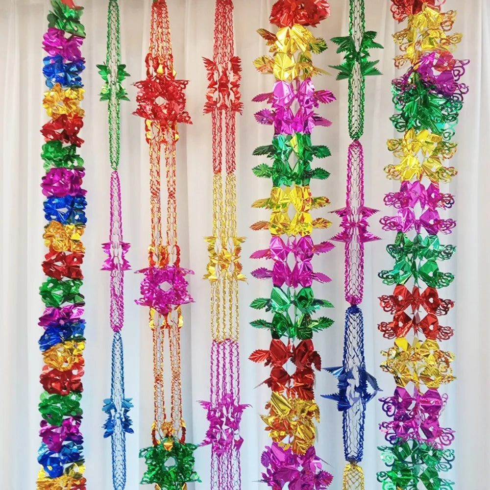 Metallic foil garlands hanging from ceiling