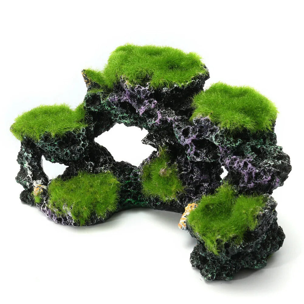 Moss-covered rock aquarium decoration