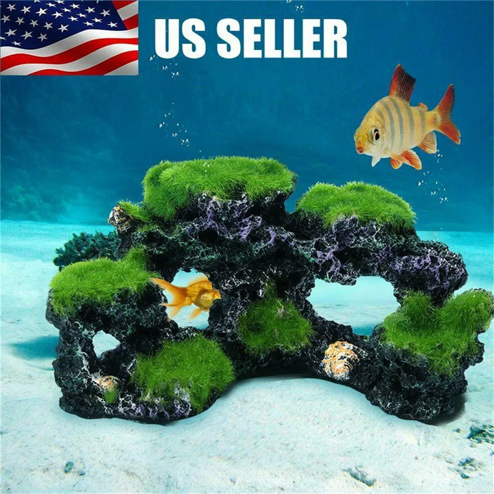 Moss rock cave fish tank ornament