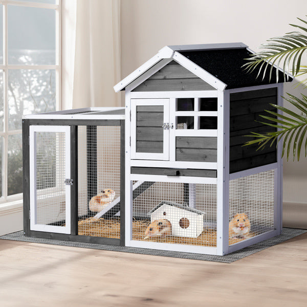 Multi-level wooden rabbit enclosure