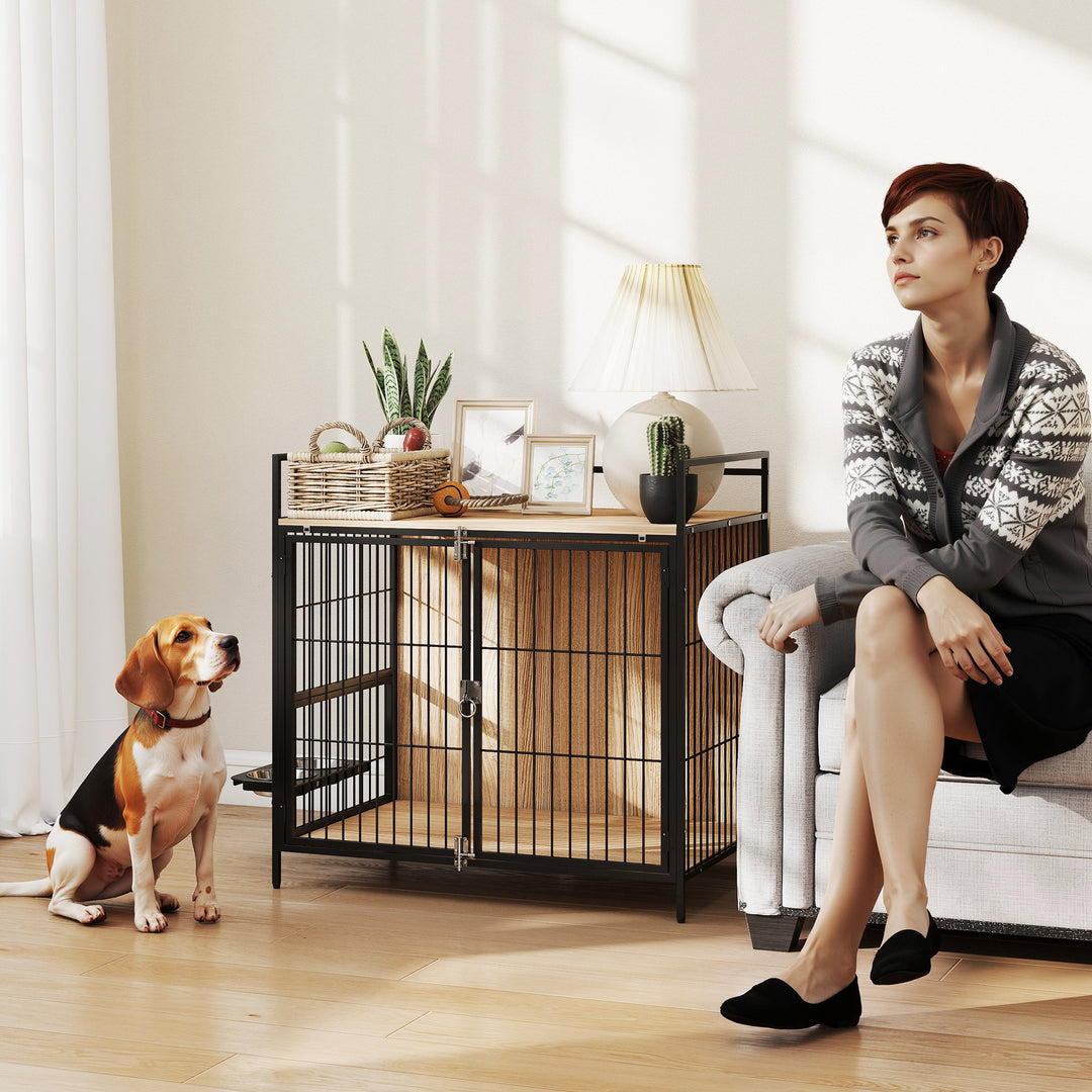 Oak dog crate with bowls