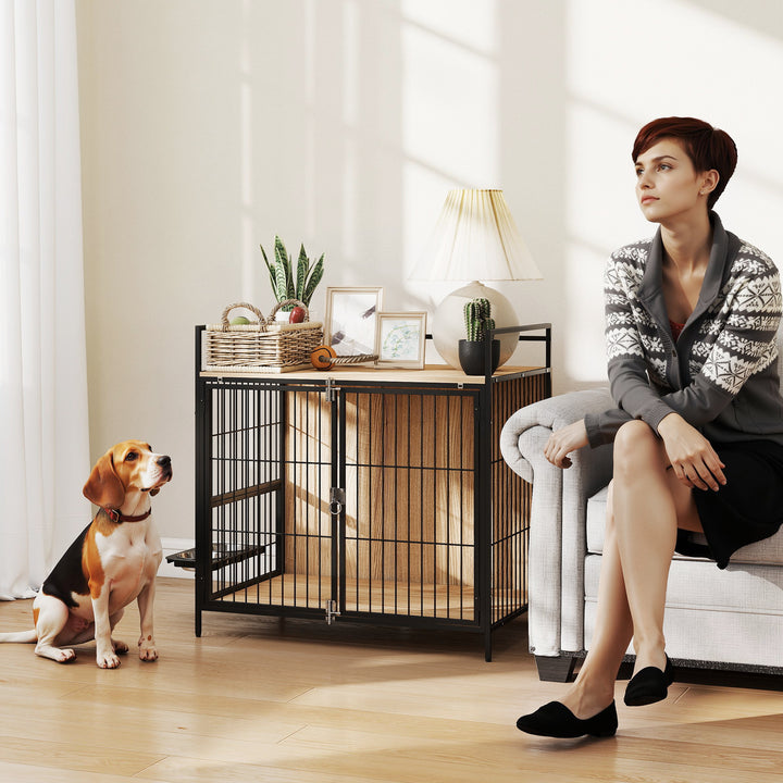 Oak dog crate with bowls