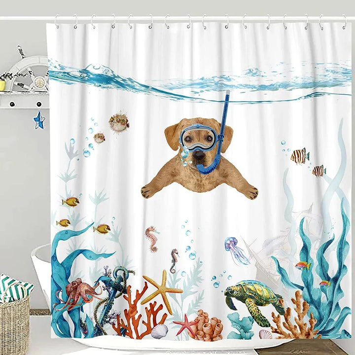 Ocean Wave Shower Curtain with Cat and Shark
