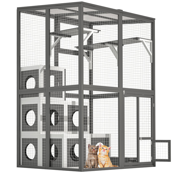 Outdoor cat cage with platforms