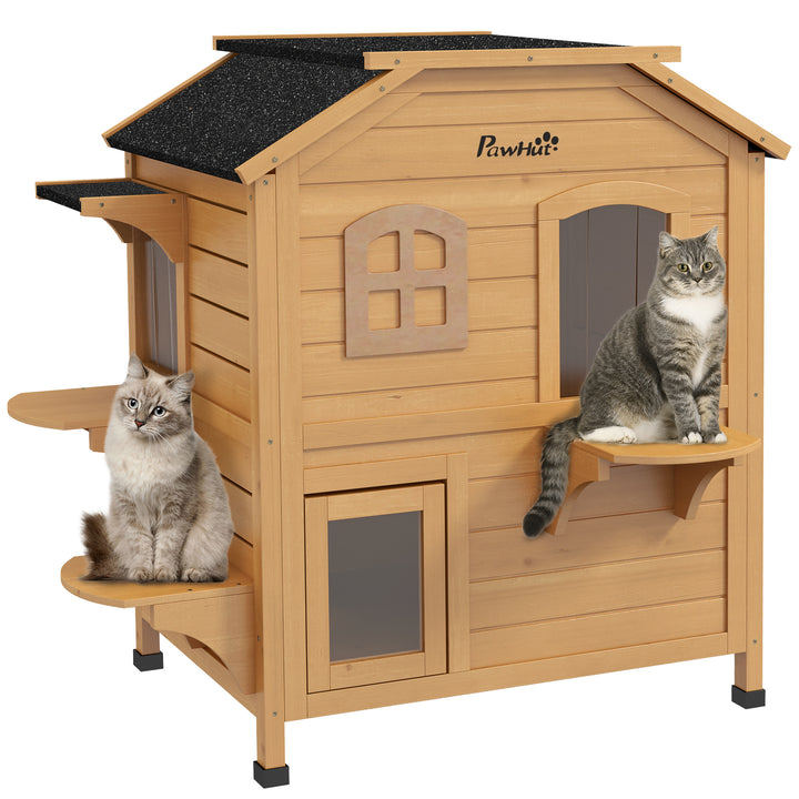 Outdoor cat home with roof and steps