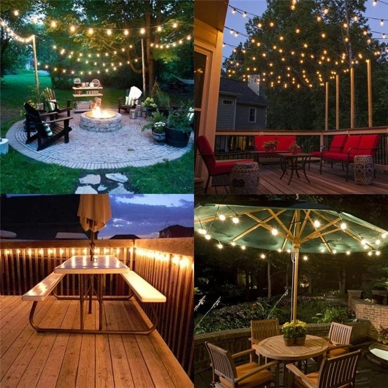 Outdoor fairy lights glowing at night